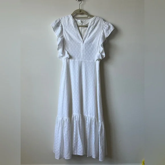 BCBGMaxAzria | Dresses | Bcbgmaxazria White Ruffle Sleeve Midi Dress Size 4  Nwt | Poshmark